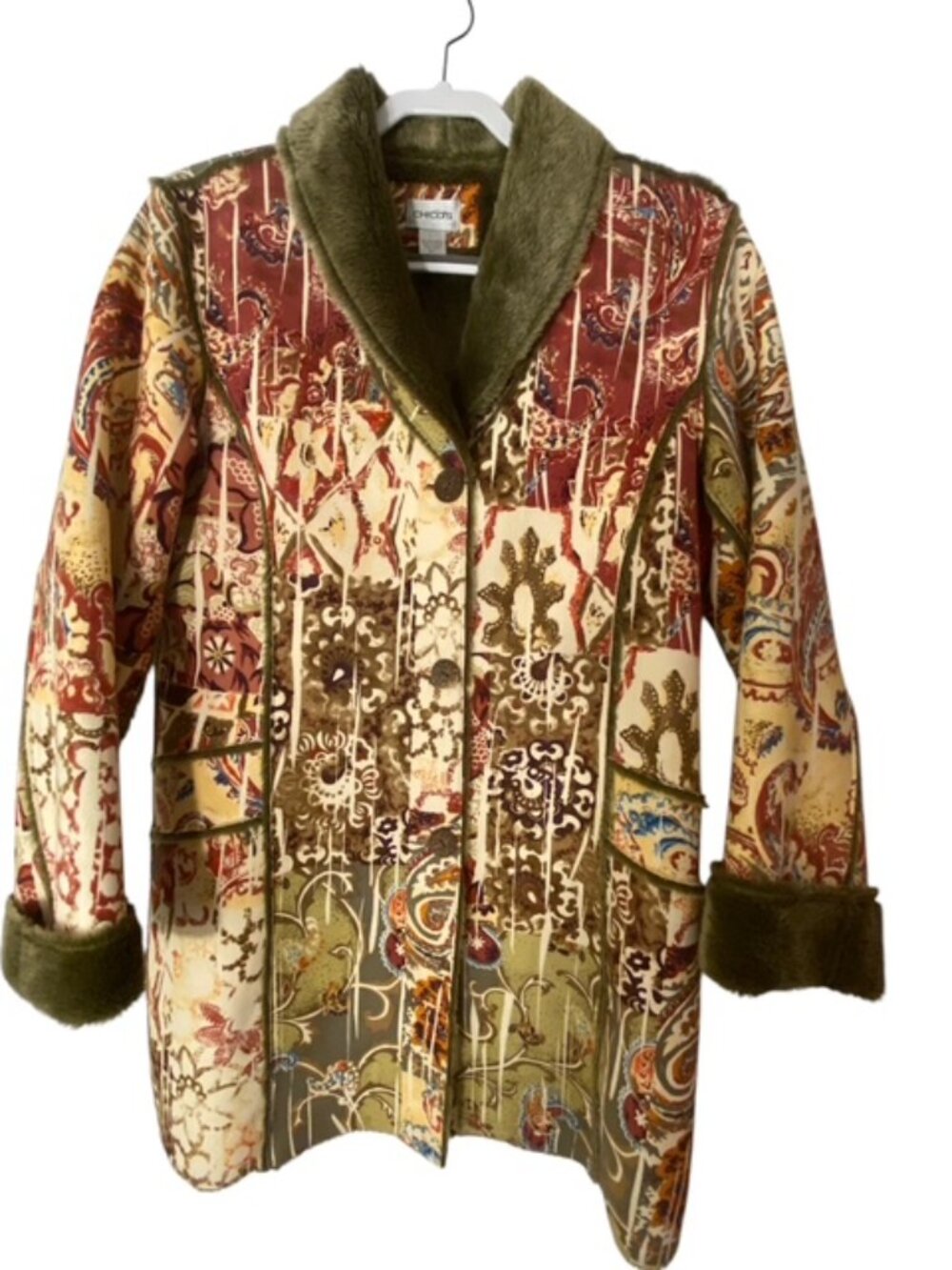 Chico's Boho Paisley Coat Faux Fur Lined 60s Hippie Artsy Sz 1 (M 10-12) EUC